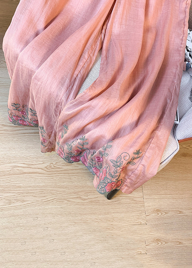 Women Pink Embroidered Elastic Waist Linen Wide Leg Pants Summer