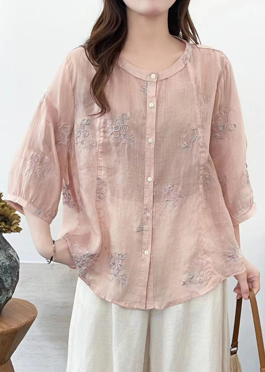 Women Pink Embroidered Linen Loose Shirt Half Sleeve