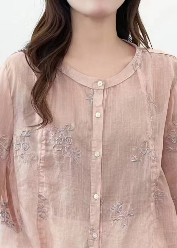 Women Pink Embroidered Linen Loose Shirt Half Sleeve
