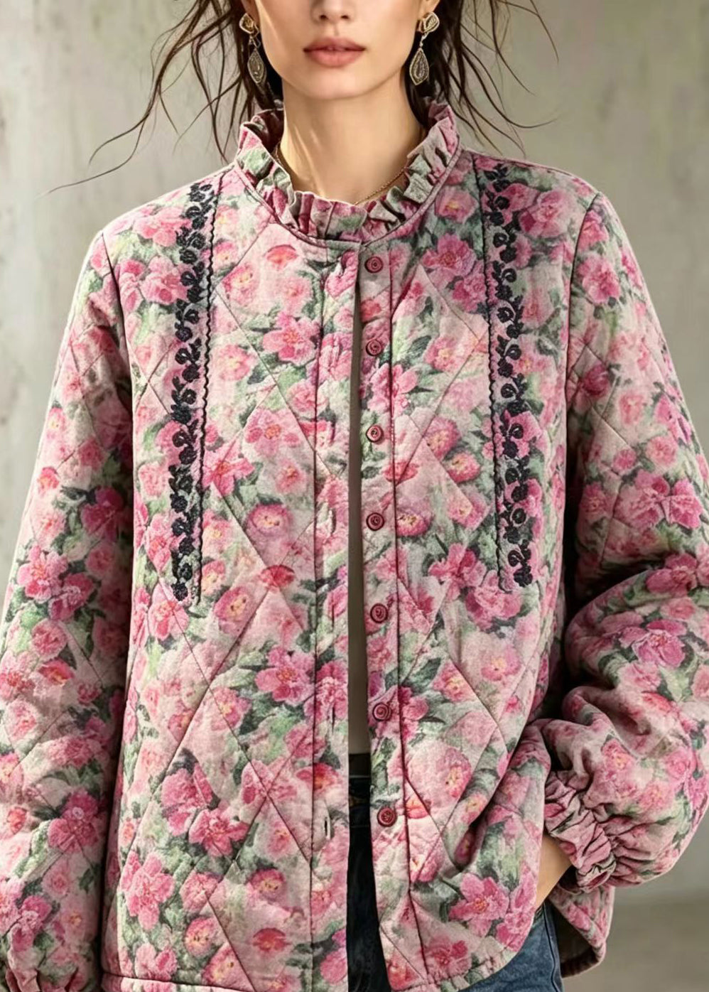 Women Pink Embroidered Ruffled Stand Collar Floral Cotton Filled Jacket Winter