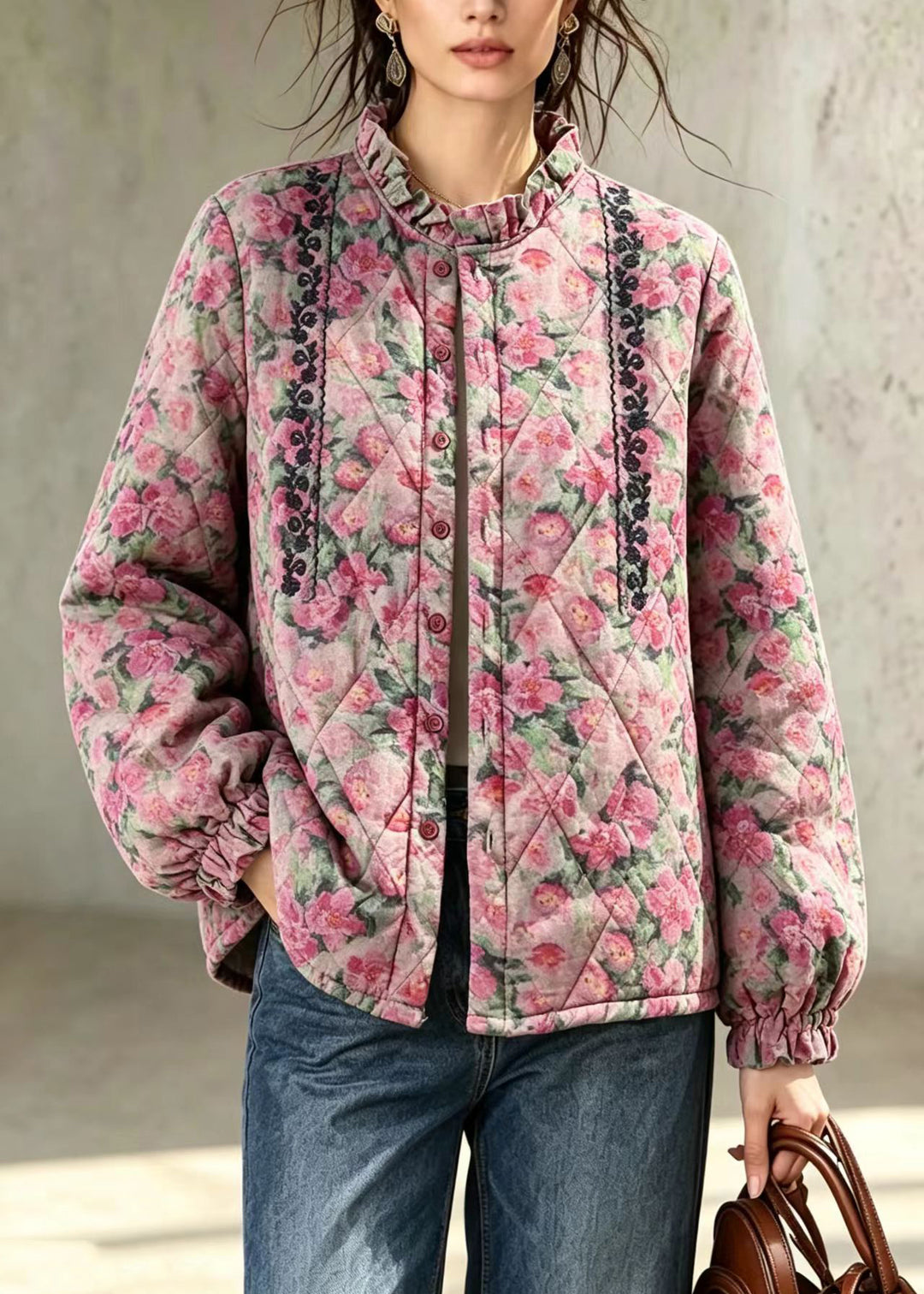 Women Pink Embroidered Ruffled Stand Collar Floral Cotton Filled Jacket Winter