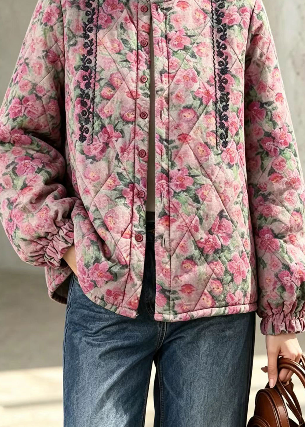 Women Pink Embroidered Ruffled Stand Collar Floral Cotton Filled Jacket Winter