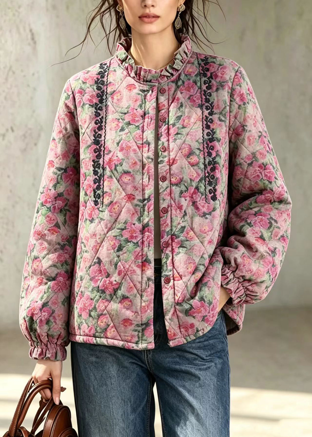 Women Pink Embroidered Ruffled Stand Collar Floral Cotton Filled Jacket Winter
