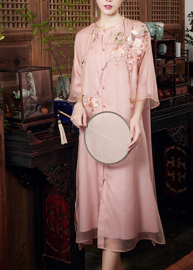 Women Pink Embroidered Side Open Silk Ankle Dress Summer