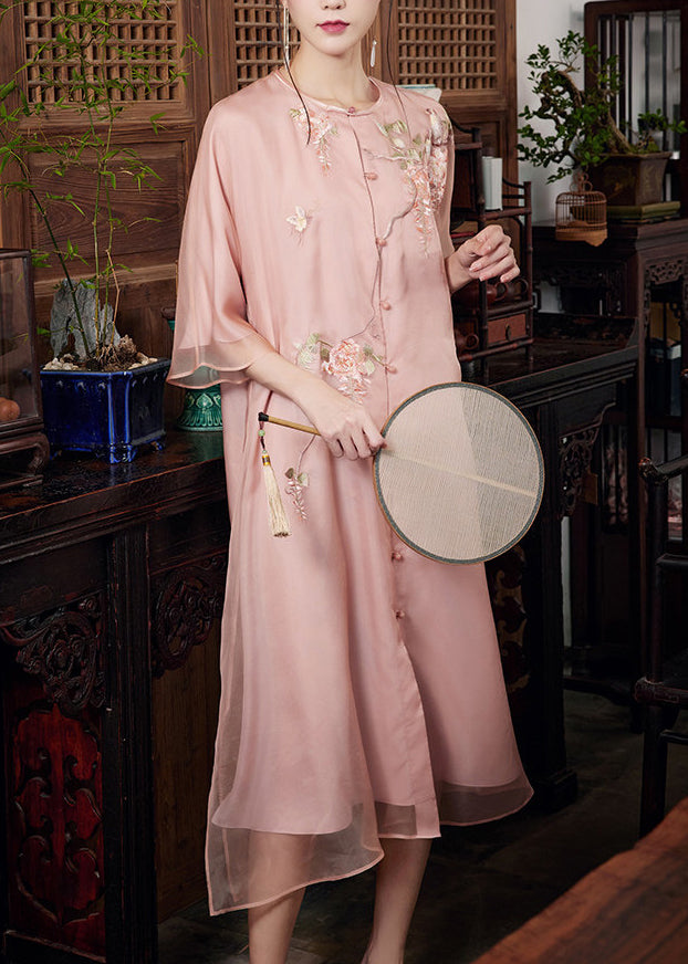 Women Pink Embroidered Side Open Silk Ankle Dress Summer