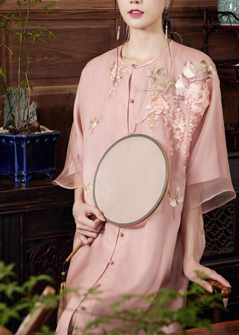 Women Pink Embroidered Side Open Silk Ankle Dress Summer