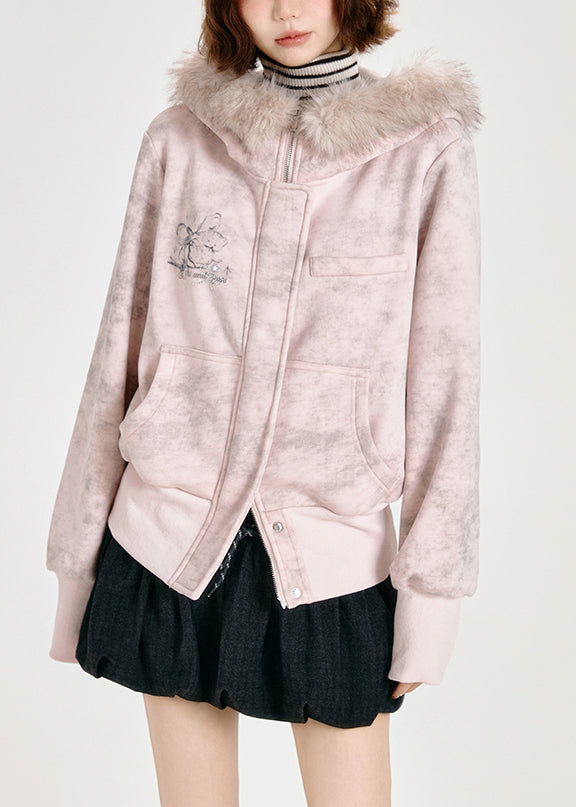 Women Pink Faux Fur Collar Cotton Hoodies Outwear Spring