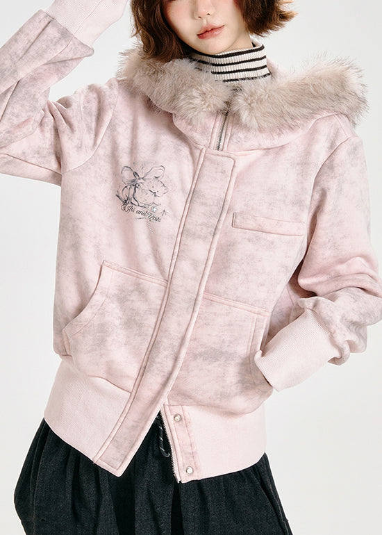 Women Pink Faux Fur Collar Cotton Hoodies Outwear Spring