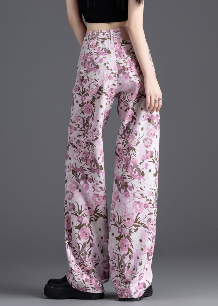 Women Pink Floral Print Denim Straight Pants Spring