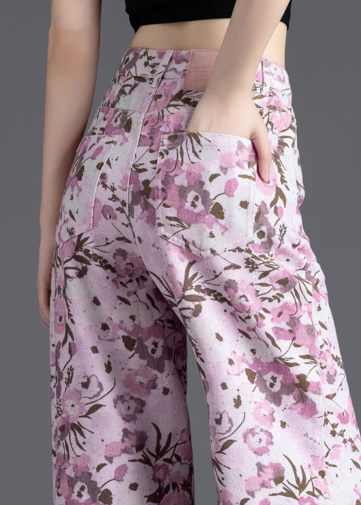Women Pink Floral Print Denim Straight Pants Spring