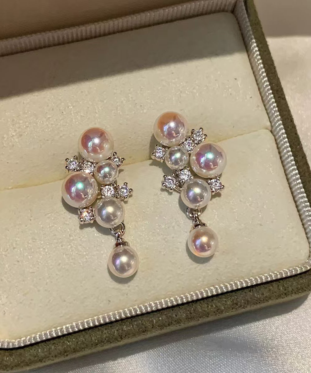Women Pink Grape Cluster Pearl Zircon Drop Earrings - Omychic