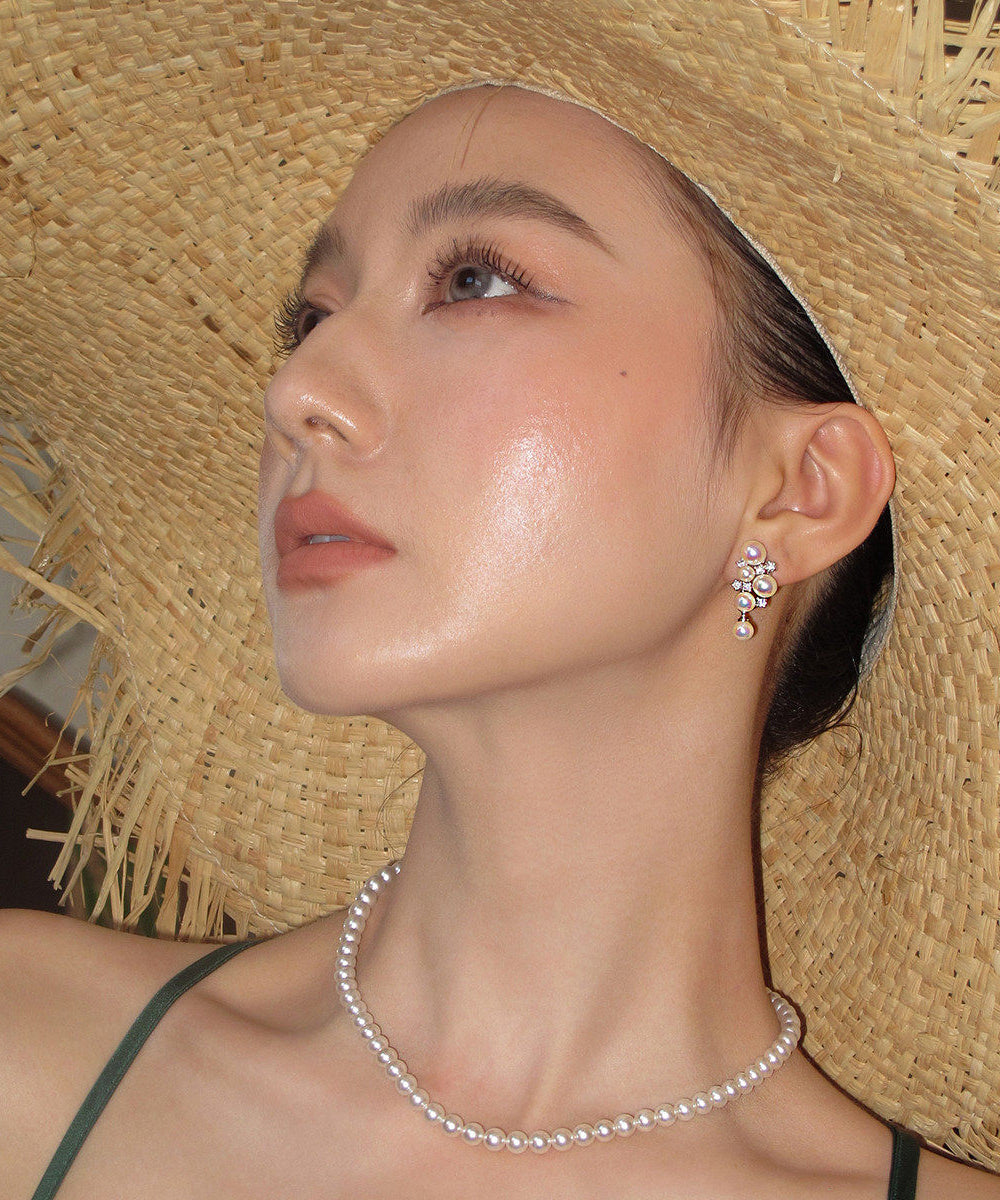 Women Pink Grape Cluster Pearl Zircon Drop Earrings - Omychic