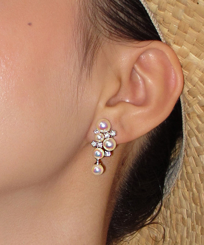 Women Pink Grape Cluster Pearl Zircon Drop Earrings - Omychic