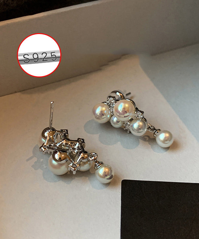 Women Pink Grape Cluster Pearl Zircon Drop Earrings - Omychic