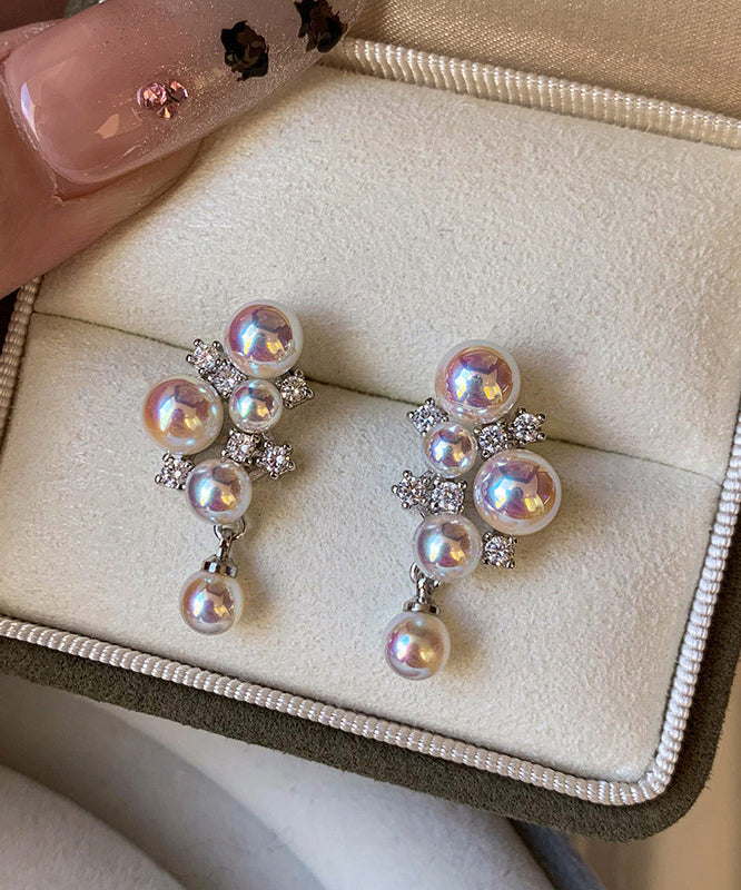 Women Pink Grape Cluster Pearl Zircon Drop Earrings - Omychic