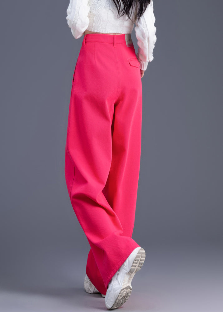 Women Pink High Waist Cotton Straight Pants Spring