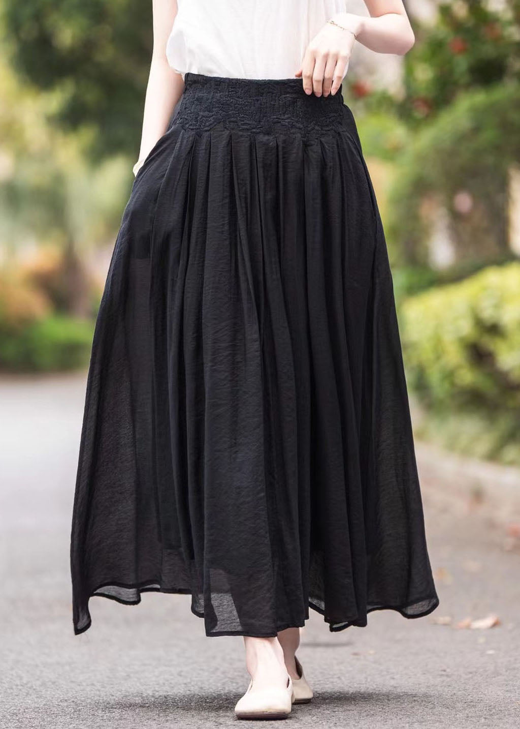 Women Pink High Waist Embroidered Wrinkled Linen Skirts Summer
