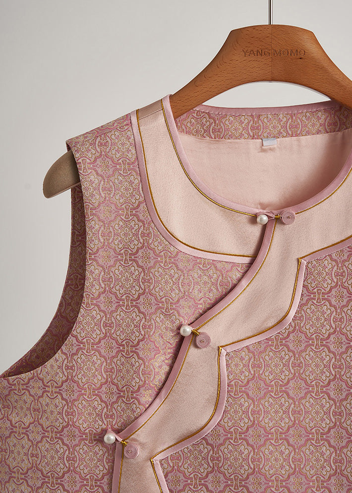 Women Pink Jacquard Patchwork Silk Oriental Vests Fall