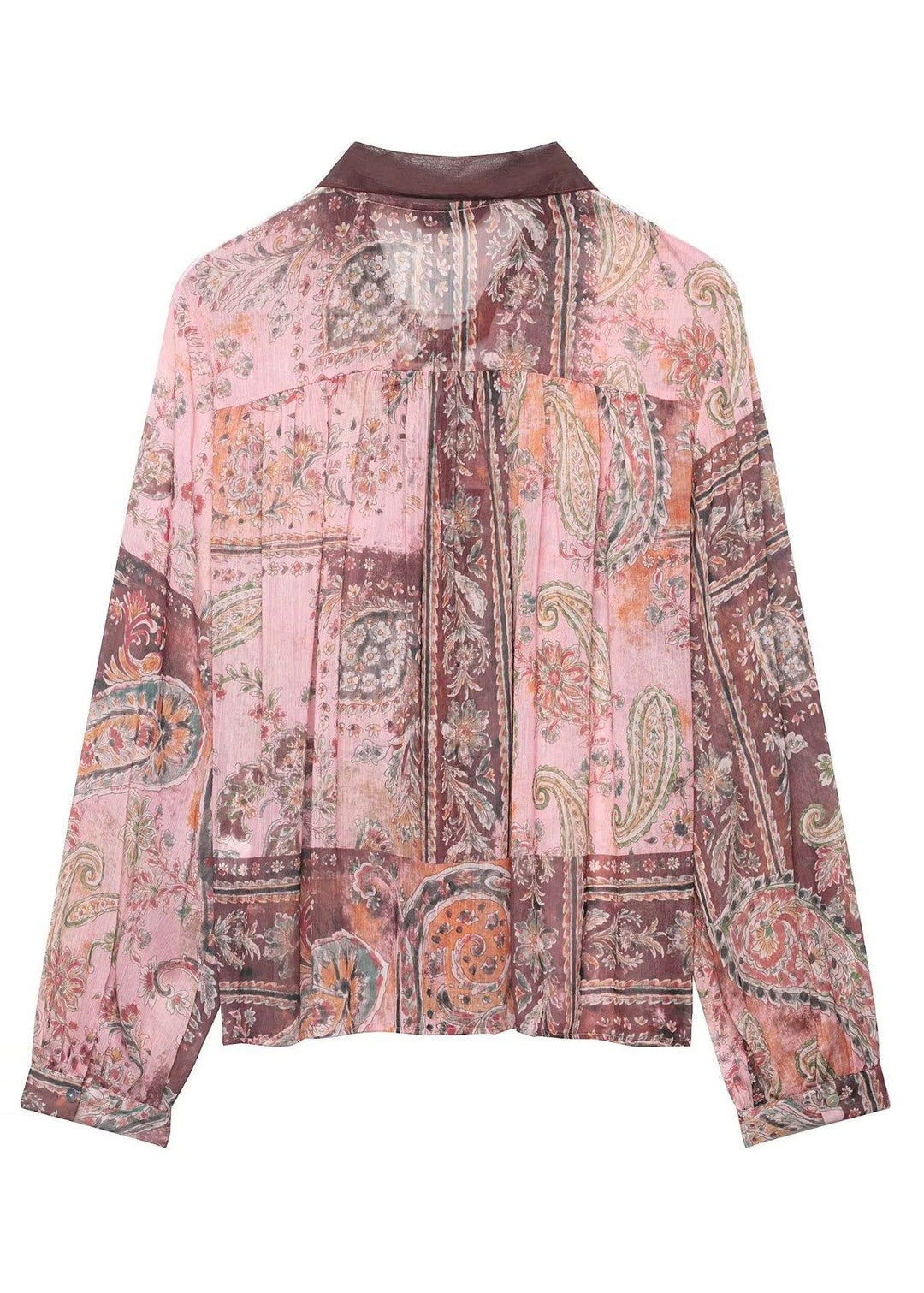 Women Pink Lace Up Draping Print Chiffon Blouses Long Sleeve