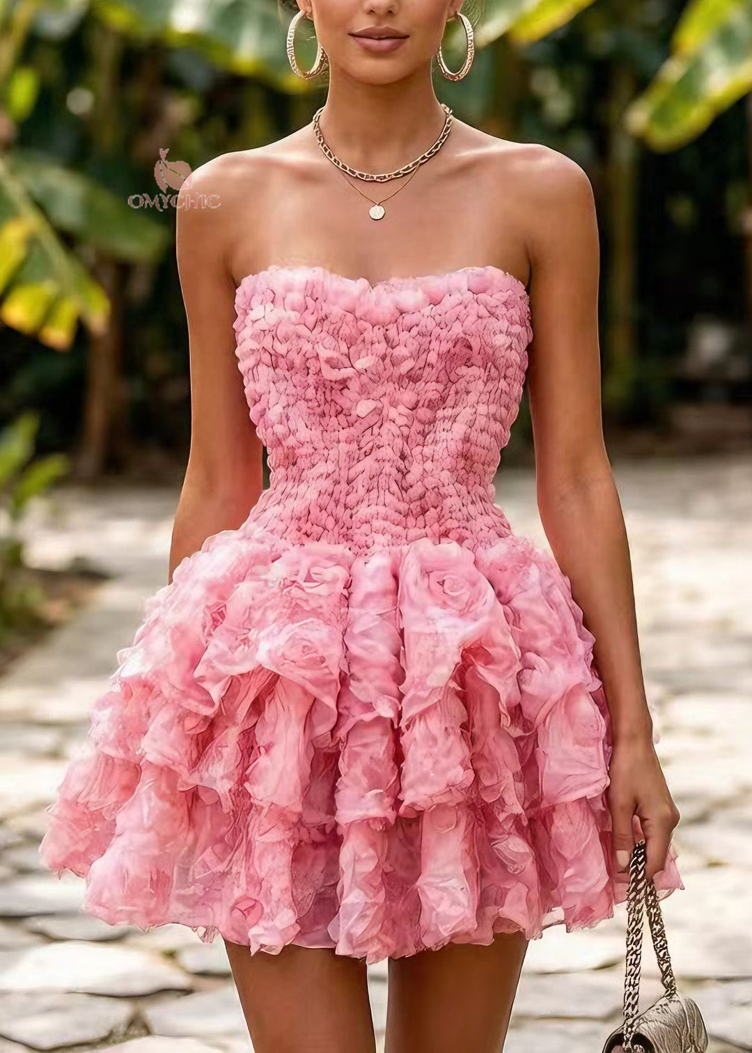 Women Pink Layered Floral Tulle Vacation Dress Sleeveless