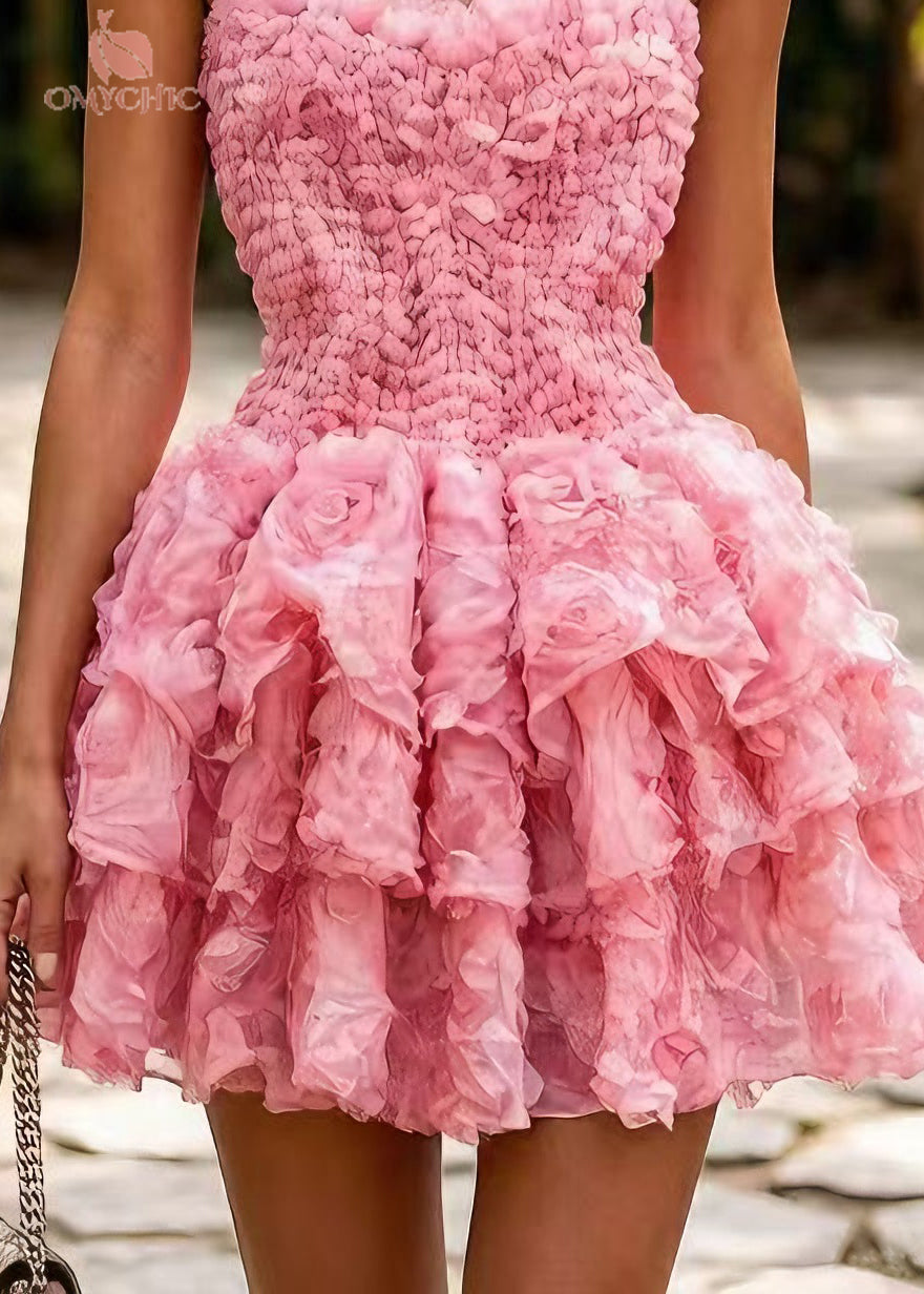 Women Pink Layered Floral Tulle Vacation Dress Sleeveless