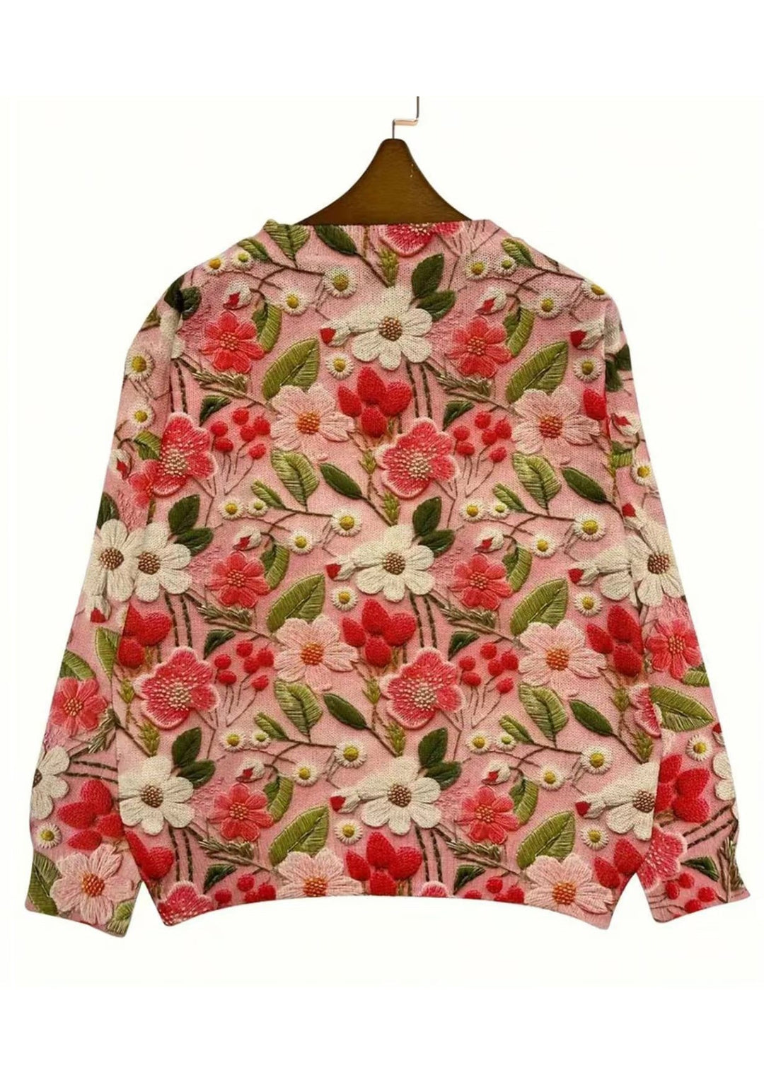 Women Pink O Neck Floral Knitting Cotton Sweaters Spring