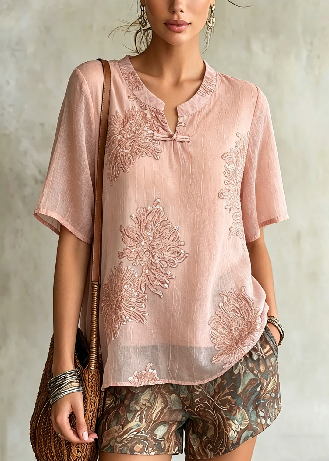 Women Pink O-Neck Patchwork Chiffon Shirt Summer