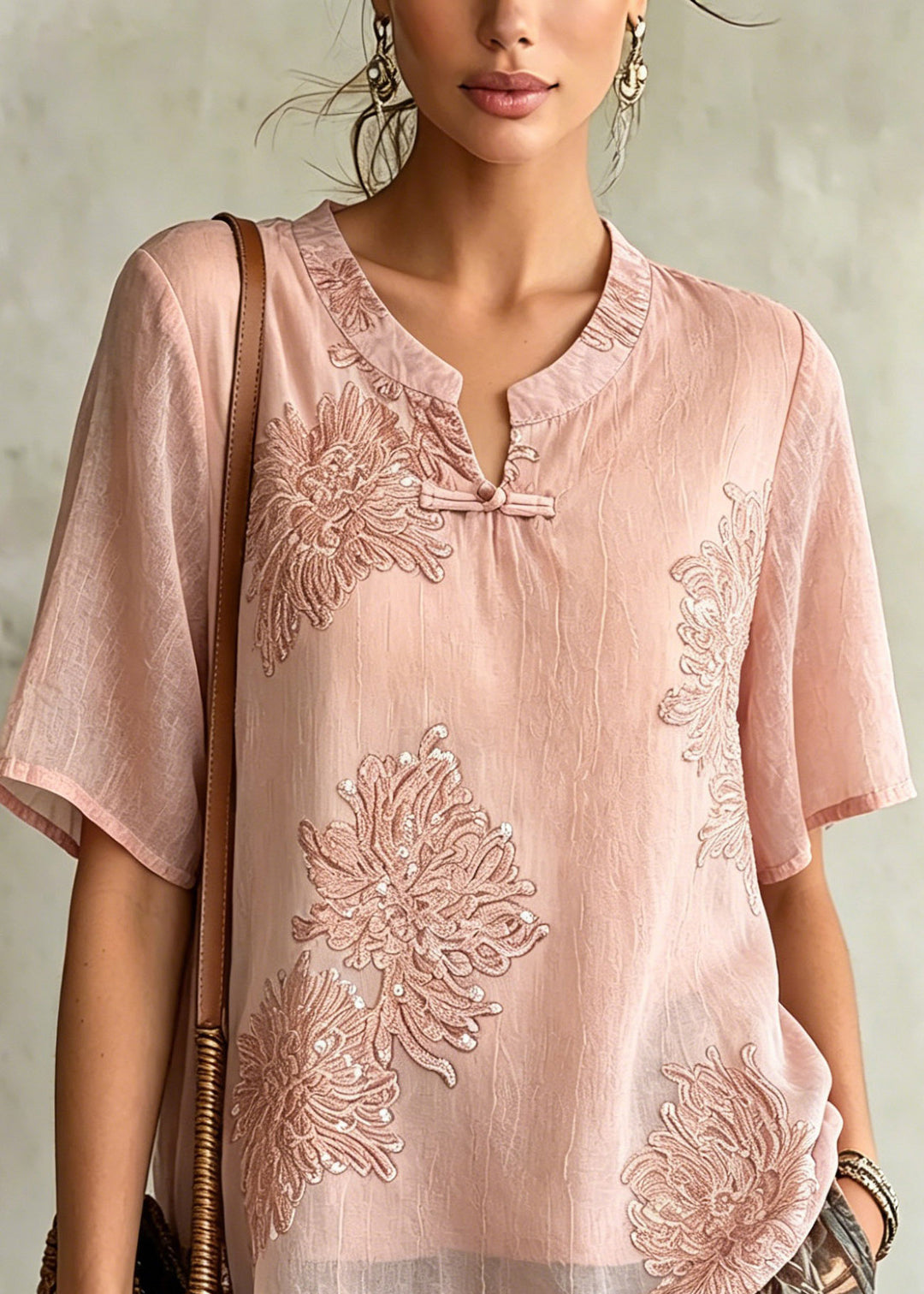 Women Pink O-Neck Patchwork Chiffon Shirt Summer