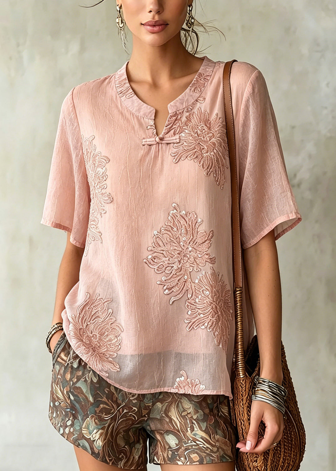 Women Pink O-Neck Patchwork Chiffon Shirt Summer