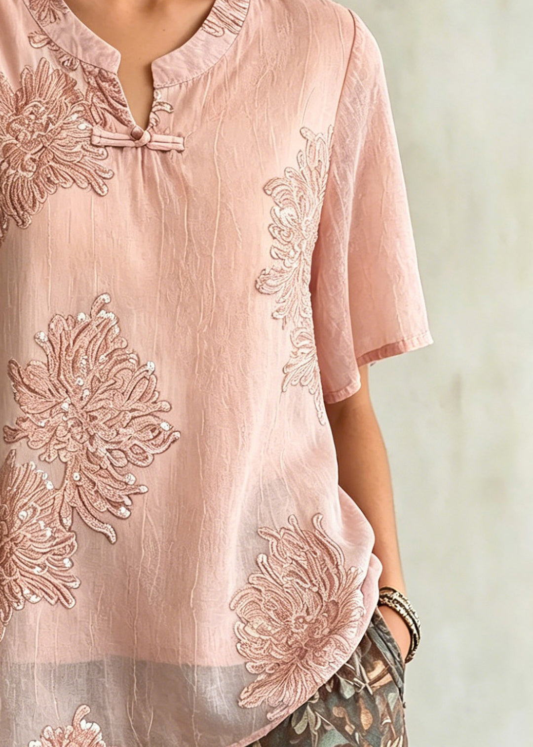 Women Pink O-Neck Patchwork Chiffon Shirt Summer