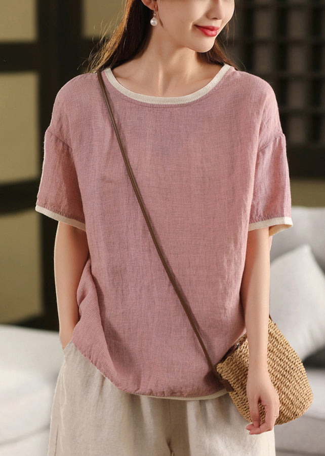 Women Pink O Neck Patchwork Linen T Shirts Summer
