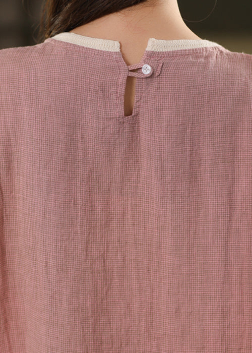 Women Pink O Neck Patchwork Linen T Shirts Summer