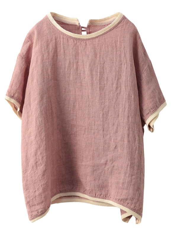 Women Pink O Neck Patchwork Linen T Shirts Summer