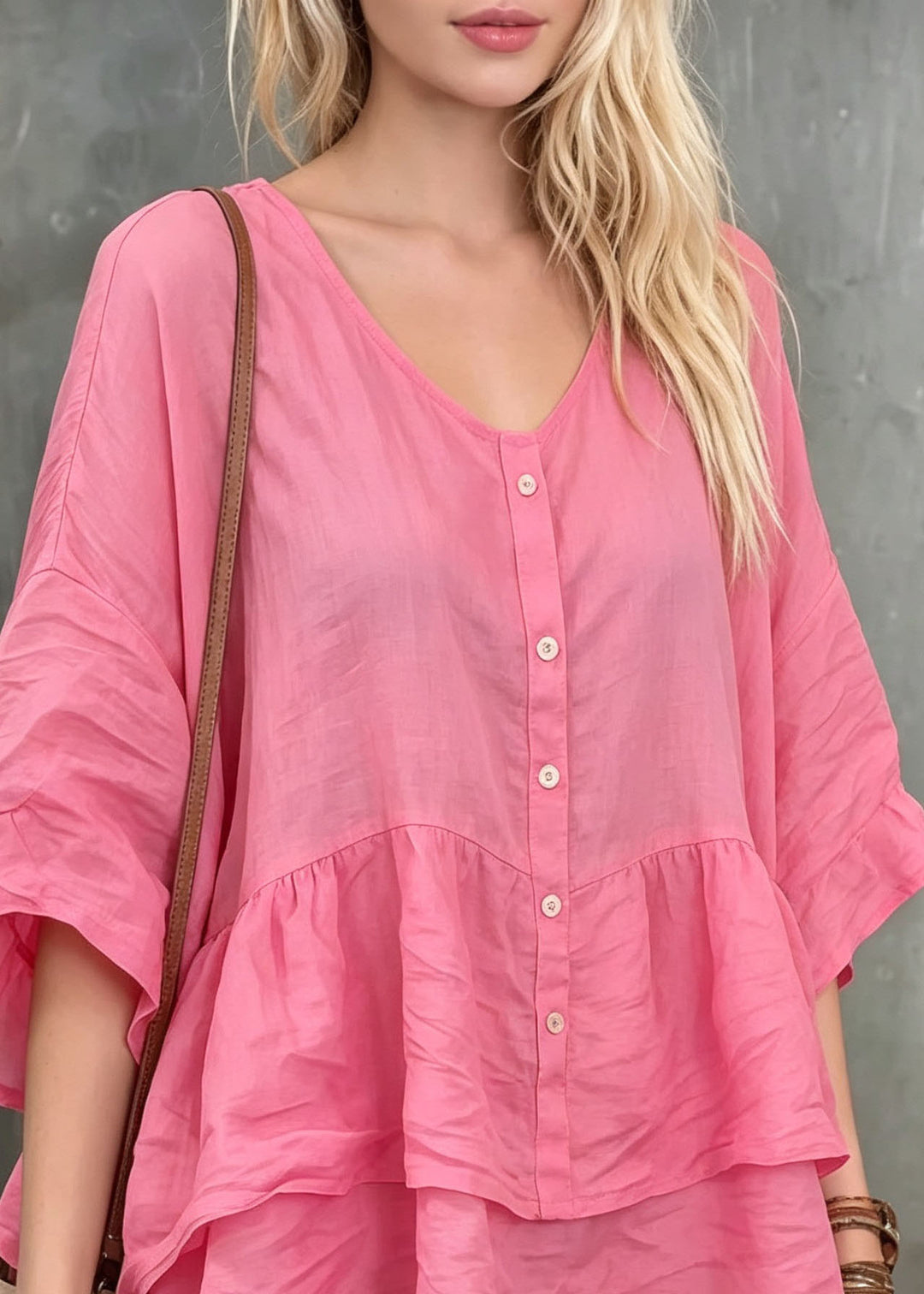 Women Pink O Neck Patchwork Loose Cotton Top Summer