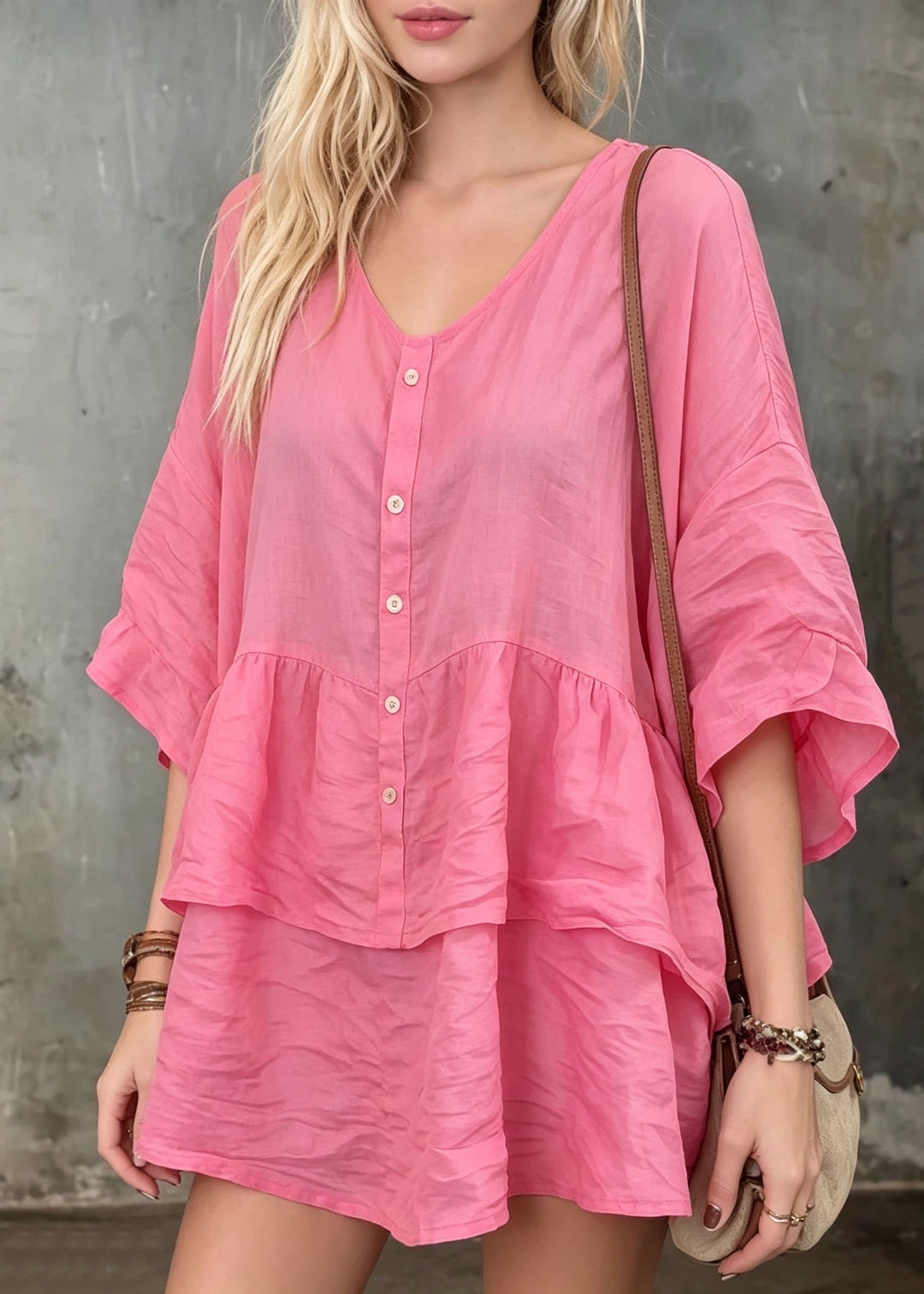 Women Pink O Neck Patchwork Loose Cotton Top Summer