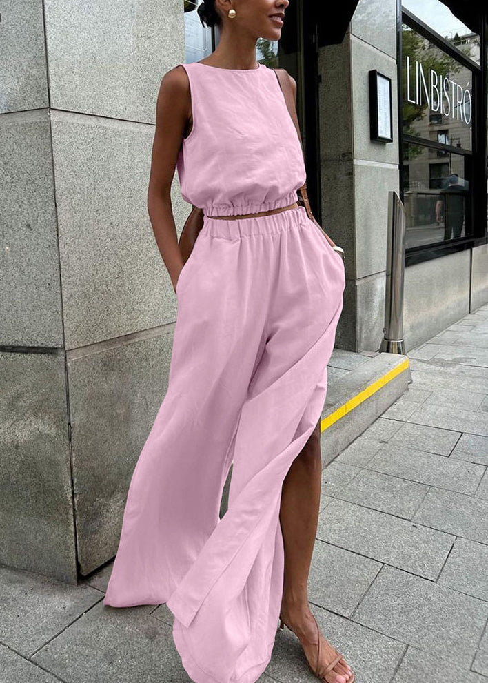 Women Pink O-Neck Side Open Linen 2 Piece Outfit Sleeveless
