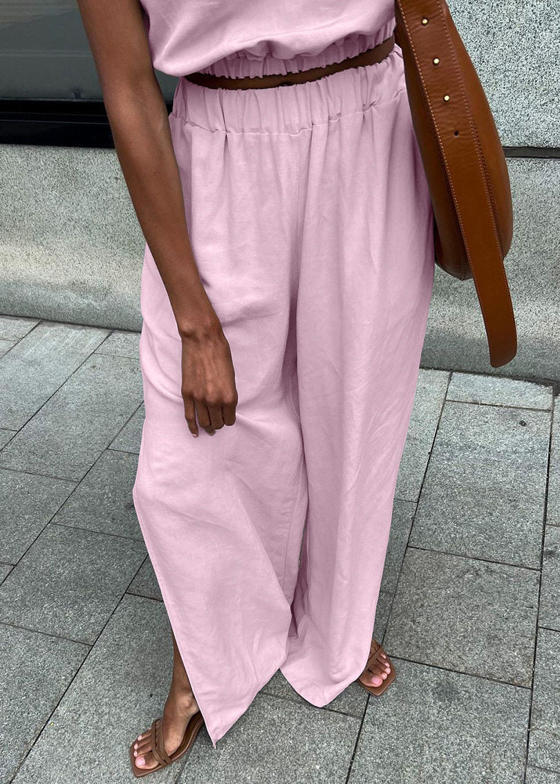 Women Pink O-Neck Side Open Linen 2 Piece Outfit Sleeveless