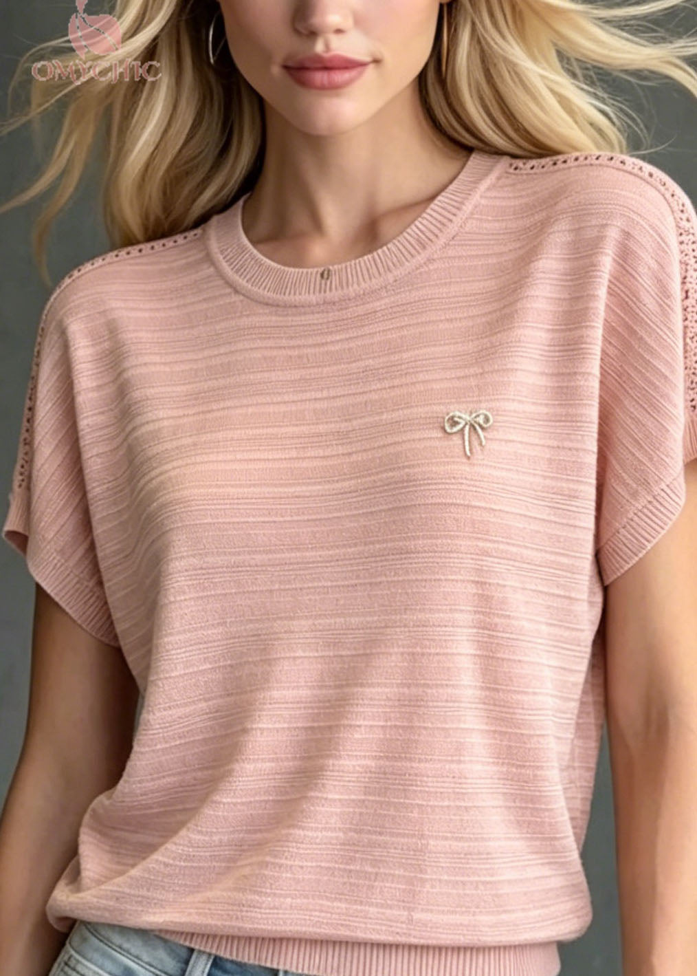Women Pink O Neck Zircon Ice Silk Knit T Shirts Summer