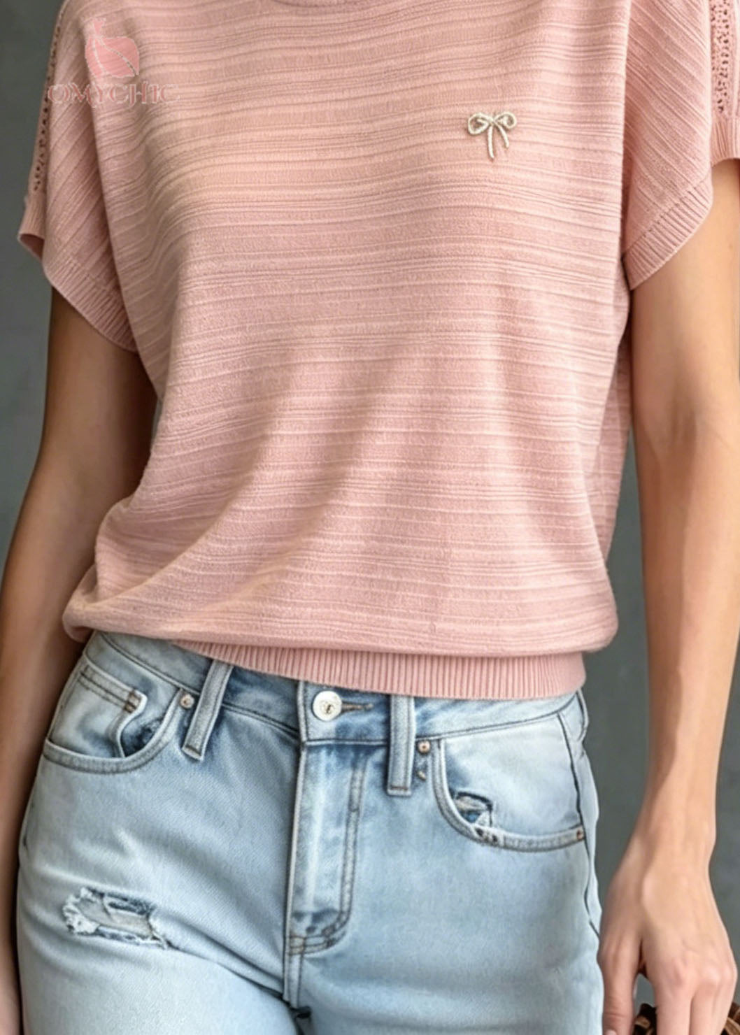 Women Pink O Neck Zircon Ice Silk Knit T Shirts Summer