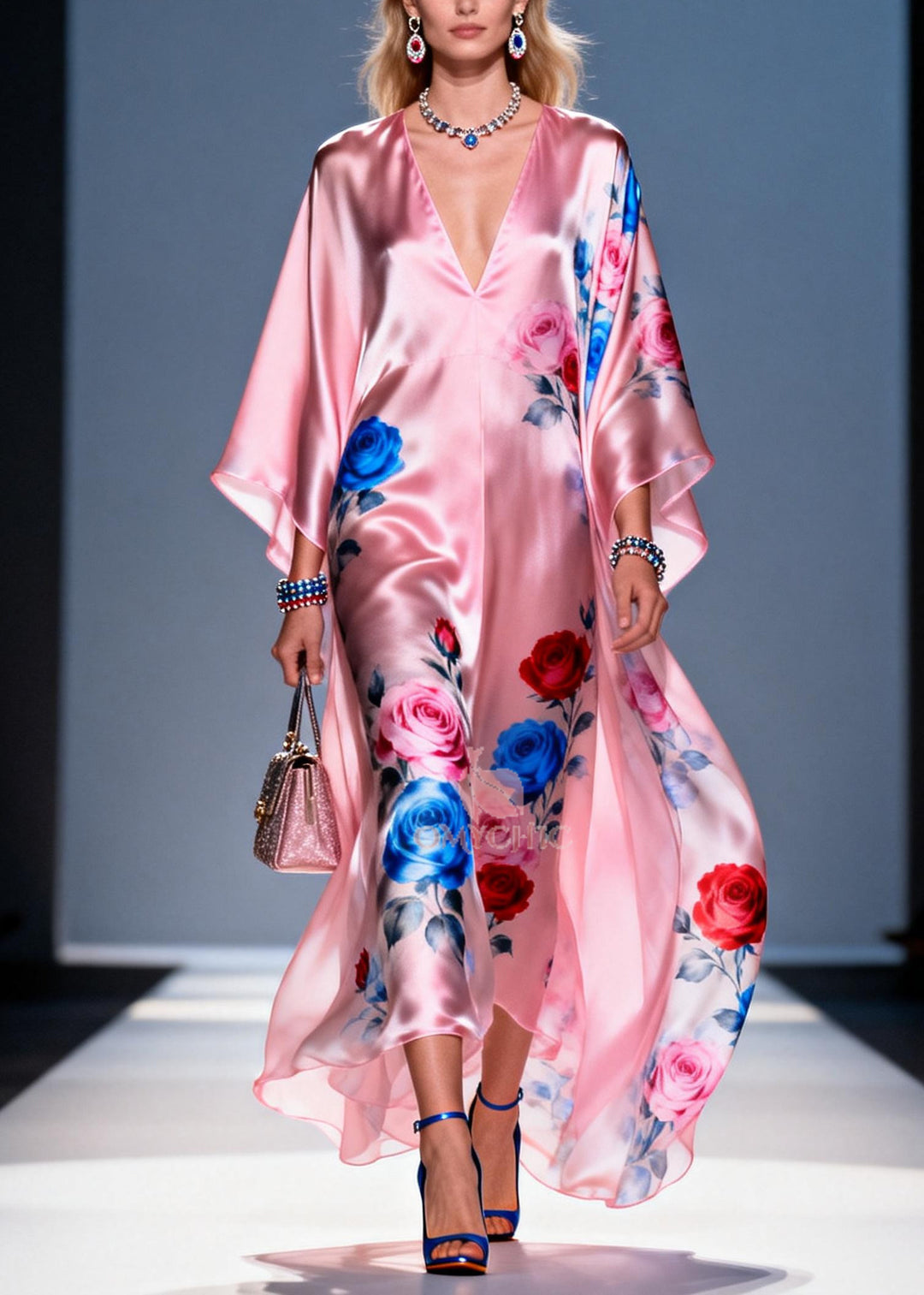 Women Pink Oversized Flower Print Chiffon Party Dress Summer