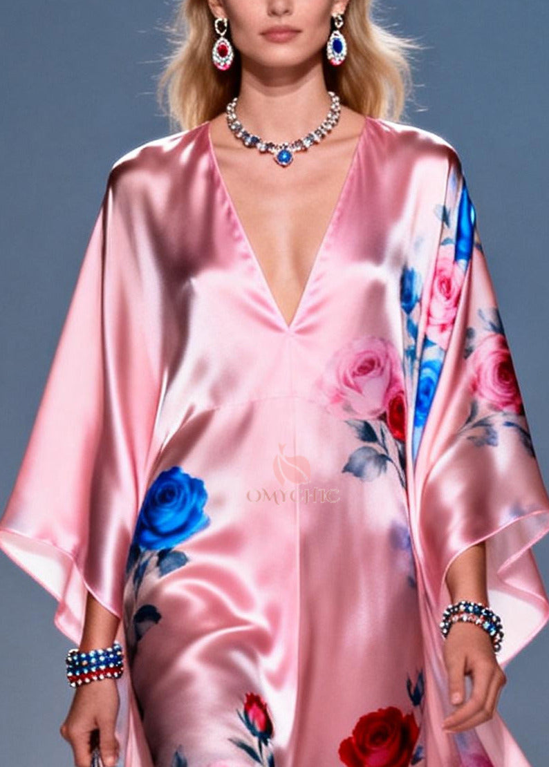 Women Pink Oversized Flower Print Chiffon Party Dress Summer