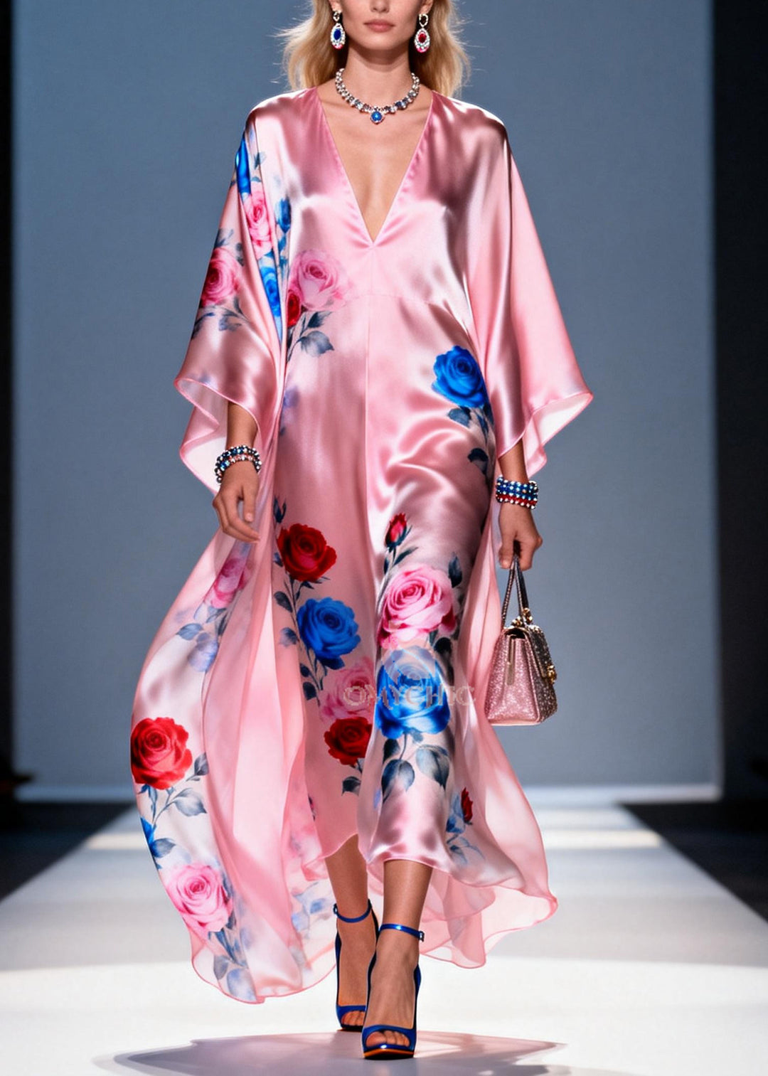 Women Pink Oversized Flower Print Chiffon Party Dress Summer