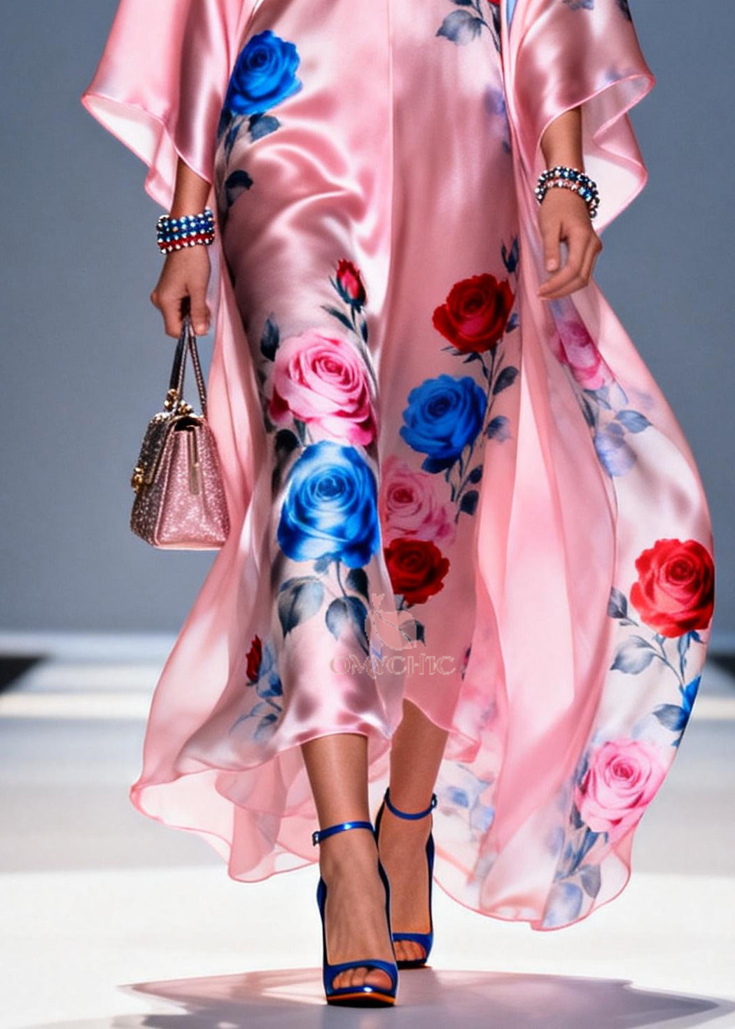 Women Pink Oversized Flower Print Chiffon Party Dress Summer