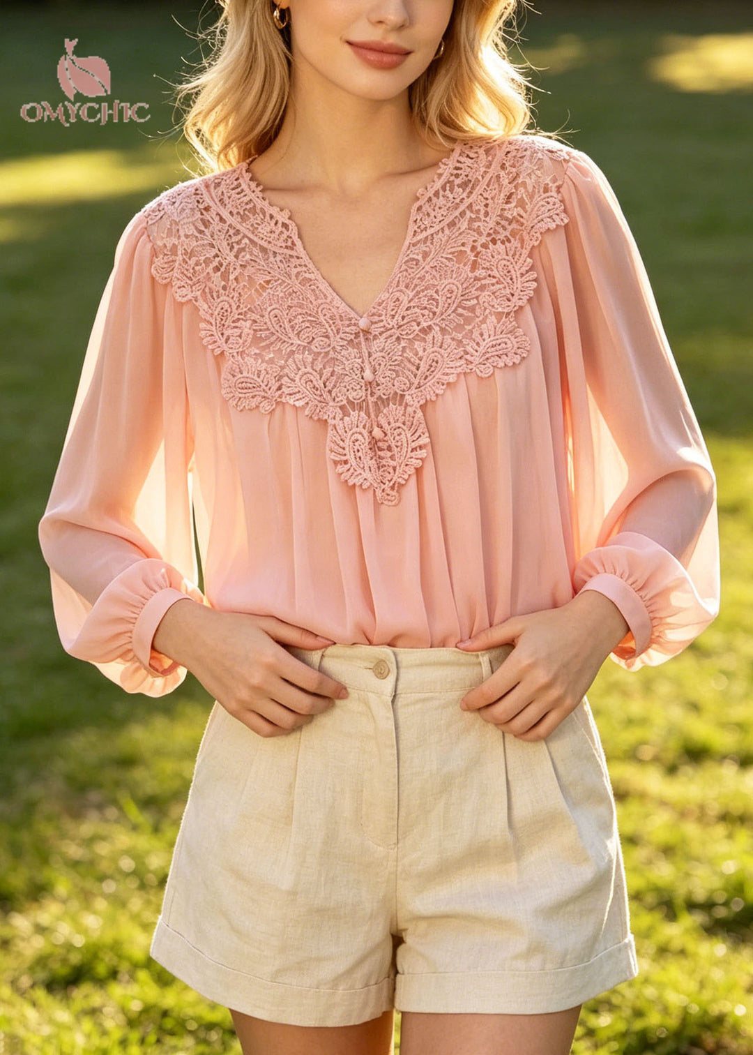 Women Pink Oversized Patchwork Lace Chiffon Blouses Summer