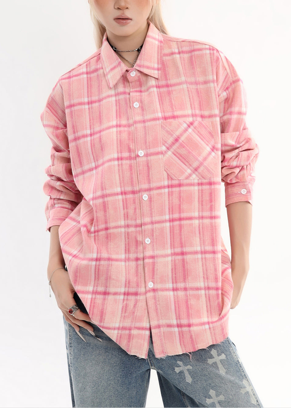 Women Pink Oversized Plaid Cotton Shirt Tops Spring
