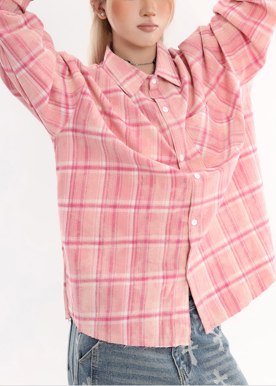 Women Pink Oversized Plaid Cotton Shirt Tops Spring