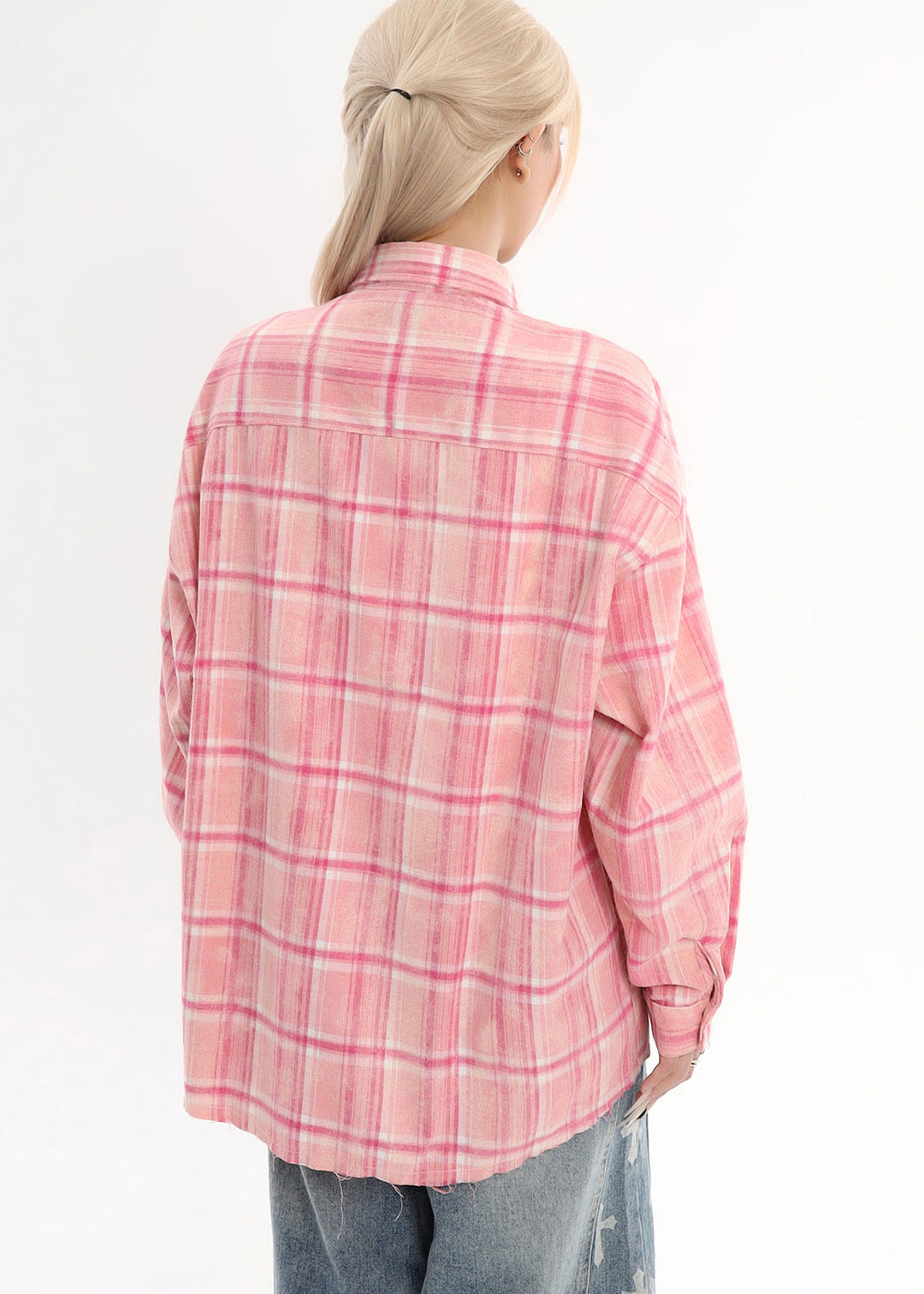 Women Pink Oversized Plaid Cotton Shirt Tops Spring