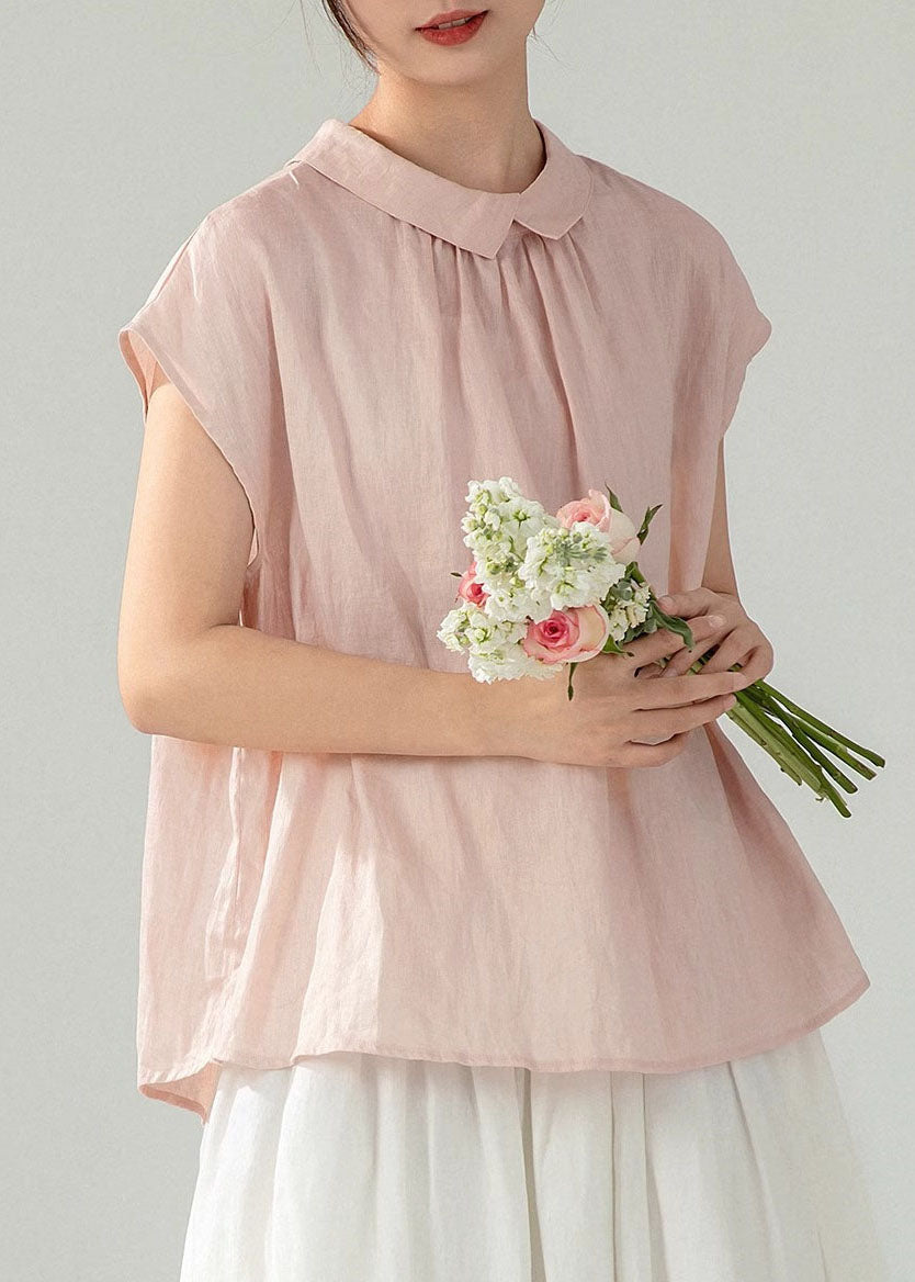 Women Pink Peter Pan Collar Button Solid Cotton Shirt Summer