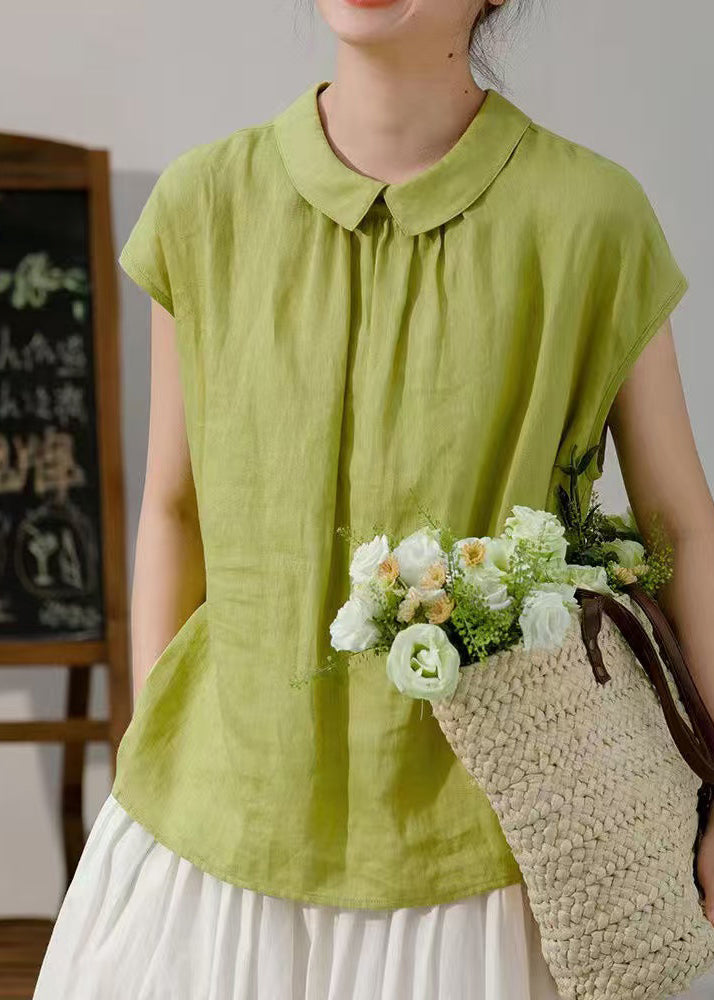 Women Pink Peter Pan Collar Button Solid Cotton Shirt Summer