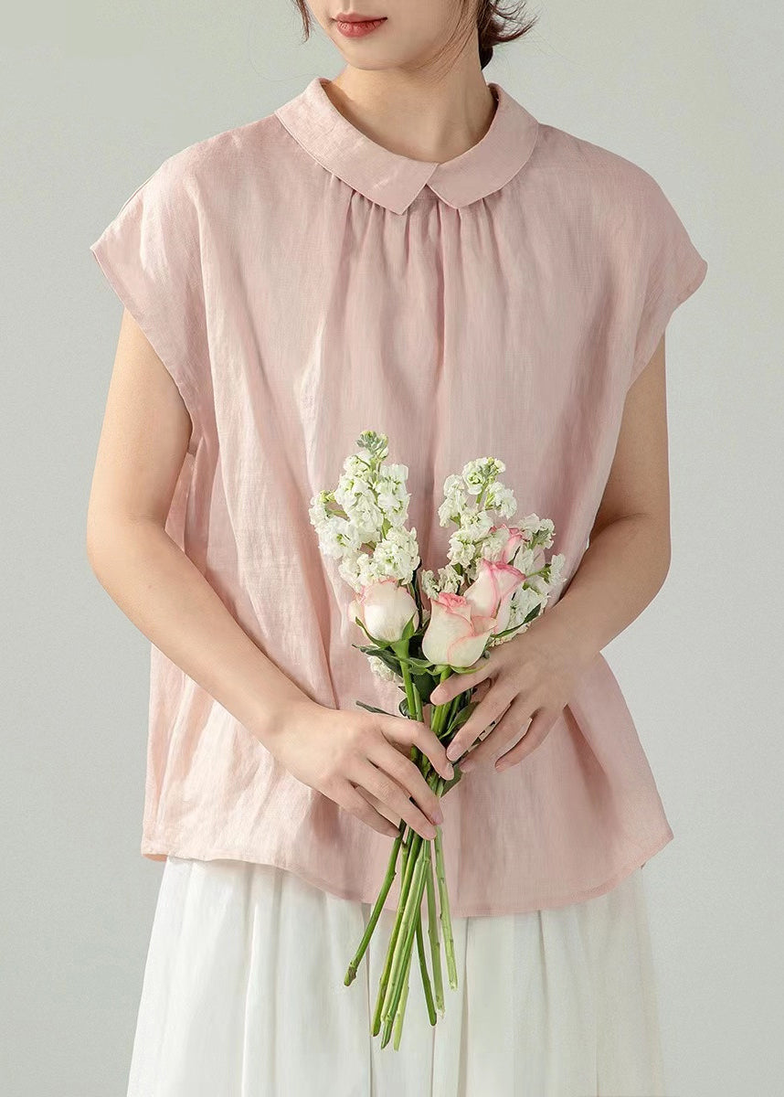 Women Pink Peter Pan Collar Button Solid Cotton Shirt Summer